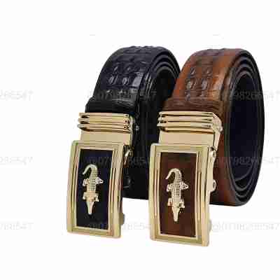 Dây thắt lưng nam da bò dập vân cá sấu DHM-345 | Khoá tỳ in mặt nổi cá sấu vàng | Bảo hành 12 tháng