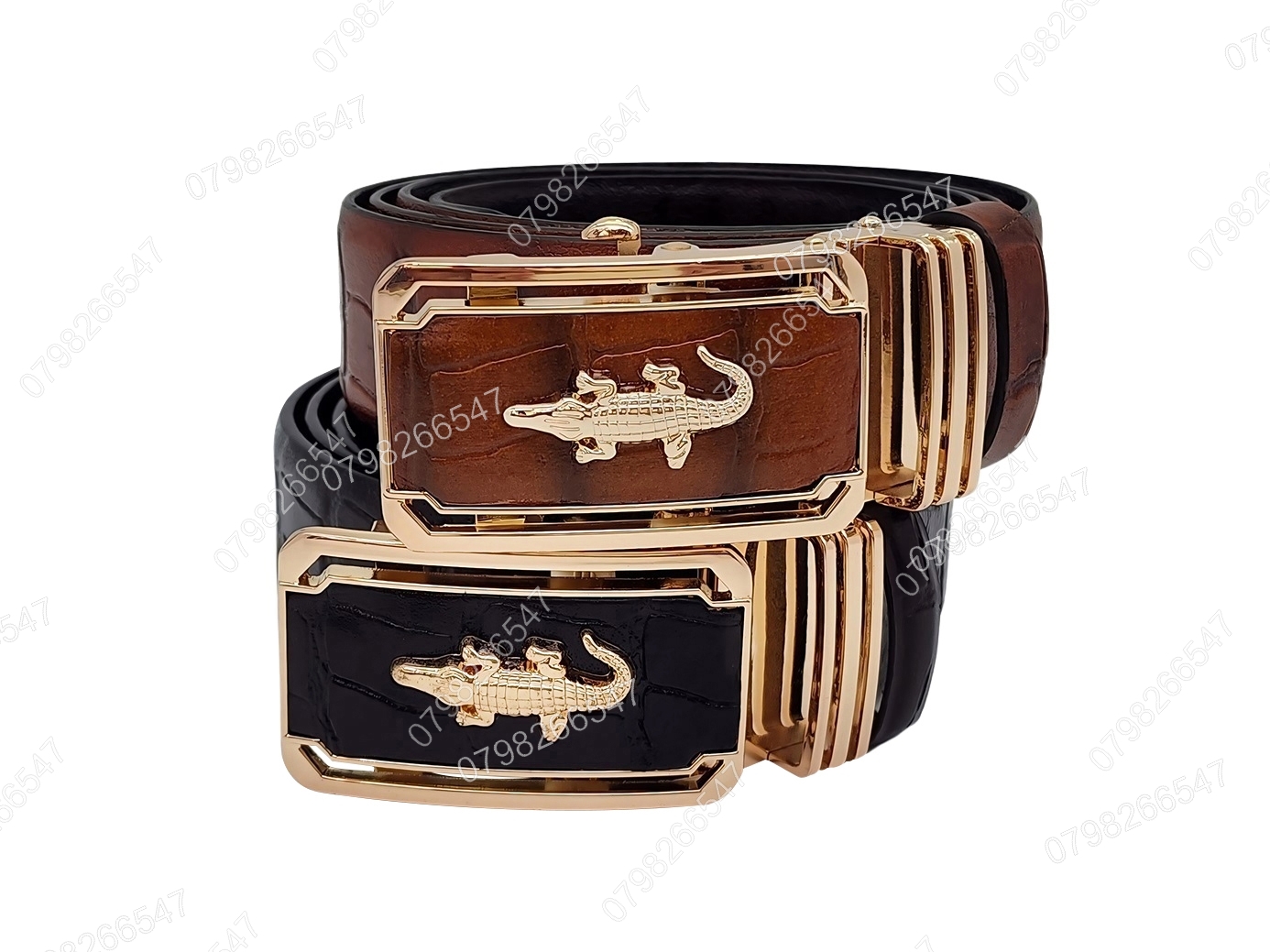Thắt lưng da bò dập vân cá sấu DHM-494 | Đầu khoá tỳ vàng bóng CD thủng thời trang | Bảo hành 12 tháng
