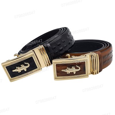 Dây thắt lưng nam da bò dập vân cá sấu DHM-345 | Khoá tỳ in mặt nổi cá sấu vàng | Bảo hành 12 tháng